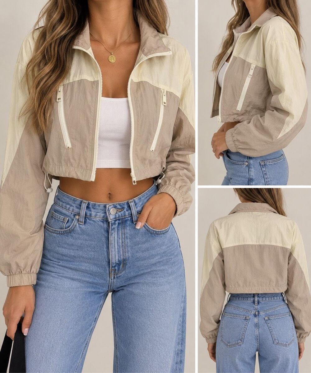 Garage Cropped Windbreaker Jacket XS Beige Cream Colorblock Y2K
